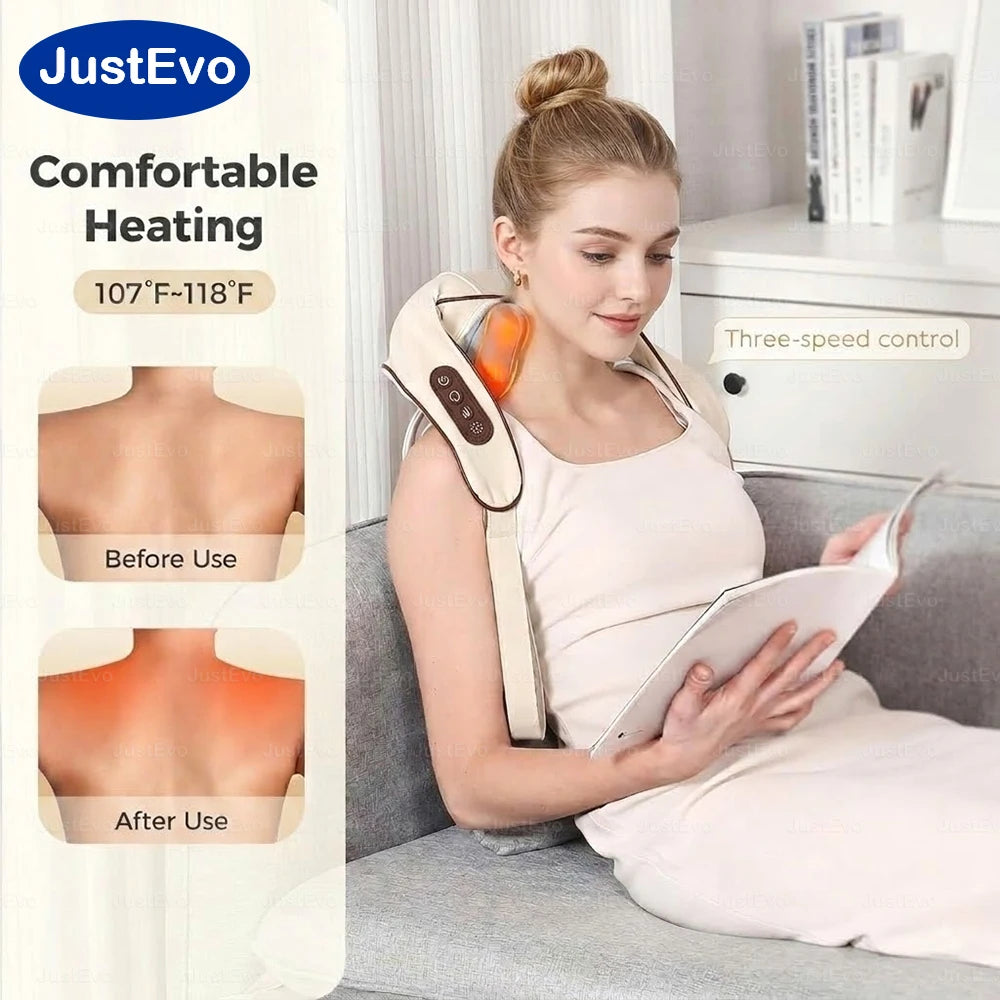 Masajeador Inalámbrico para Cuello y Hombros JustEvo, Masajeador Eléctrico 4D con Calor, Recargable Tipo-C, Manos Libres, para Relajar Espalda, Cintura y Piernas, Regalo Ideal para Festividades