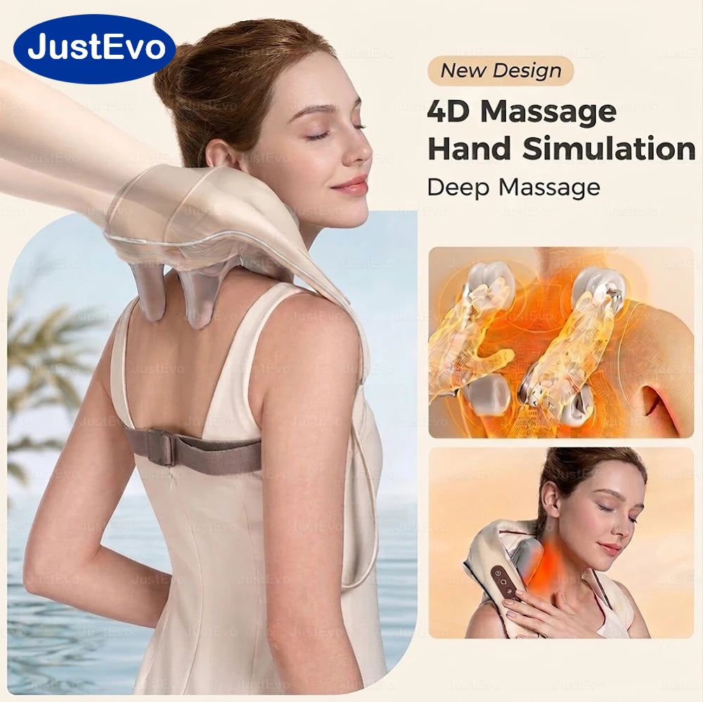 Masajeador Inalámbrico para Cuello y Hombros JustEvo, Masajeador Eléctrico 4D con Calor, Recargable Tipo-C, Manos Libres, para Relajar Espalda, Cintura y Piernas, Regalo Ideal para Festividades