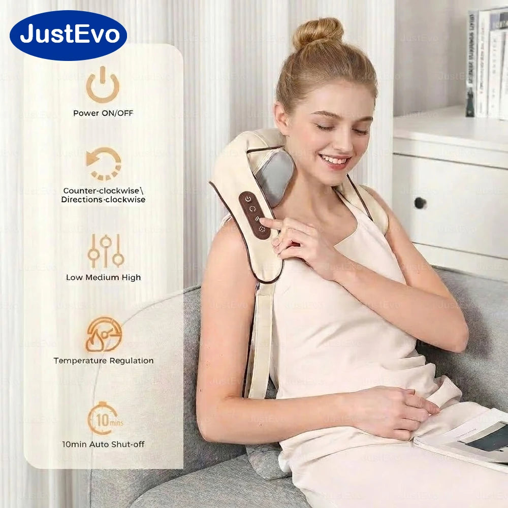 Masajeador Inalámbrico para Cuello y Hombros JustEvo, Masajeador Eléctrico 4D con Calor, Recargable Tipo-C, Manos Libres, para Relajar Espalda, Cintura y Piernas, Regalo Ideal para Festividades